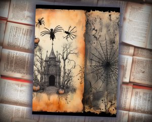 16 papers | Halloween Themed Junk Journal Background with Intricate Details & Fairy Tale Watercolor Illustrations | Scrapbooking Kit