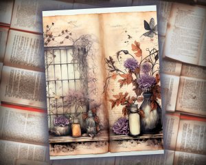 16 papers | Halloween Themed Junk Journal Background with Intricate Details & Fairy Tale Watercolor Illustrations | Scrapbooking Kit