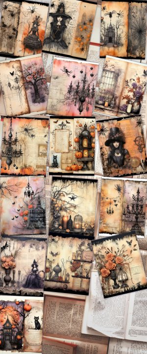 16 papers | Halloween Themed Junk Journal Background with Intricate Details & Fairy Tale Watercolor Illustrations | Scrapbooking Kit