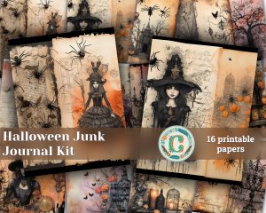 16 papers | Halloween Themed Junk Journal Background with Intricate Details & Fairy Tale Watercolor Illustrations | Scrapbooking Kit