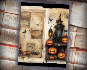 12 Papers | Halloween Themed Junk Journal Kit, Colorful Background with Intricate Details, Fairy Tale Watercolor Illustrations