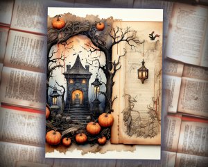 12 Papers | Halloween Themed Junk Journal Kit, Colorful Background with Intricate Details, Fairy Tale Watercolor Illustrations