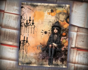 12 Papers | Halloween Themed Junk Journal Kit, Colorful Background with Intricate Details, Fairy Tale Watercolor Illustrations