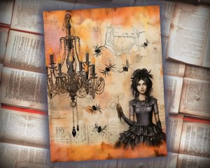 12 Papers | Halloween Themed Junk Journal Kit, Colorful Background with Intricate Details, Fairy Tale Watercolor Illustrations