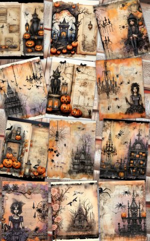 12 Papers | Halloween Themed Junk Journal Kit, Colorful Background with Intricate Details, Fairy Tale Watercolor Illustrations