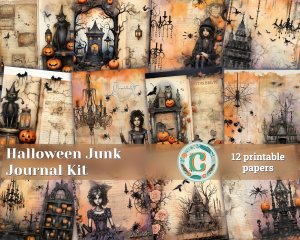 12 Papers | Halloween Themed Junk Journal Kit, Colorful Background with Intricate Details, Fairy Tale Watercolor Illustrations