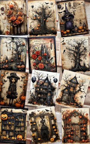 12 papers | Halloween Themed Junk Journal Background with Intricate Details and Colorful Elements | Printable Scrapbooking Kit