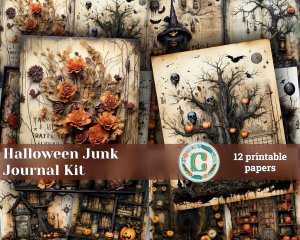 12 papers | Halloween Themed Junk Journal Background with Intricate Details and Colorful Elements | Printable Scrapbooking Kit