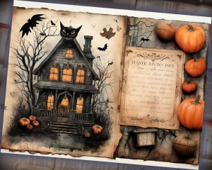 12 Papers | Halloween Themed Junk Journal Background with Colorful Details and Clipart | Scrapbooking Kit and Printable Paper