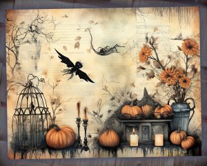 12 Papers | Halloween Themed Junk Journal Background with Colorful Details and Clipart | Scrapbooking Kit and Printable Paper