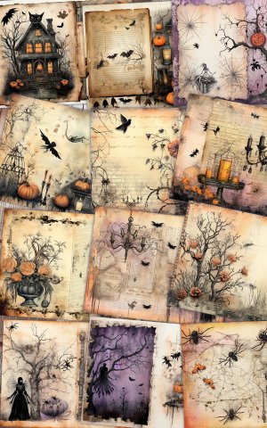 12 Papers | Halloween Themed Junk Journal Background with Colorful Details and Clipart | Scrapbooking Kit and Printable Paper