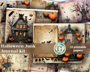 12 Papers | Halloween Themed Junk Journal Background with Colorful Details and Clipart | Scrapbooking Kit and Printable Paper