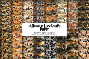 Halloween Landscape Digital Pattern Paper with Trending Watercolor Illustration Style - Perfect for Crafts, Scrapbooking, and DIY Projects!