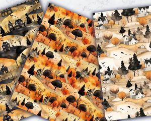 Halloween Landscape Digital Pattern Paper with Trending Watercolor Illustration Style - Perfect for Crafts, Scrapbooking, and DIY Projects!