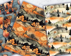 Halloween Landscape Digital Pattern Paper with Trending Watercolor Illustration Style - Perfect for Crafts, Scrapbooking, and DIY Projects!