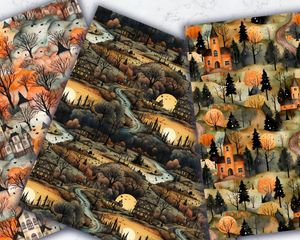 Halloween Landscape Digital Pattern Paper with Trending Watercolor Illustration Style - Perfect for Crafts, Scrapbooking, and DIY Projects!