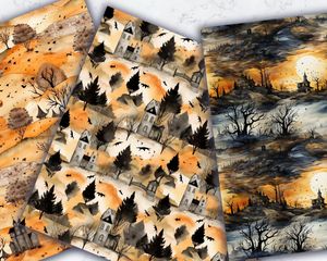 Halloween Landscape Digital Pattern Paper with Trending Watercolor Illustration Style - Perfect for Crafts, Scrapbooking, and DIY Projects!