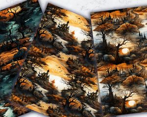 Halloween Landscape Digital Pattern Paper with Seamless Texture | Watercolor Illustration | Trending on Etsy | Unique and Versatile Design