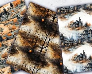 Halloween Landscape Digital Pattern Paper with Seamless Texture | Watercolor Illustration | Trending on Etsy | Unique and Versatile Design