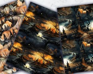 Halloween Landscape Digital Pattern Paper with Seamless Texture | Watercolor Illustration | Trending on Etsy | Unique and Versatile Design