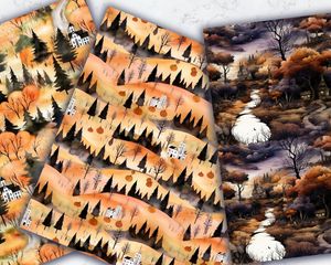 Halloween Landscape Digital Pattern Paper with Seamless Texture | Watercolor Illustration | Trending on Etsy | Unique and Versatile Design