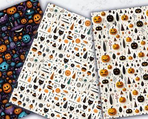 Halloween Doodles Digital Pattern Paper | Printable Geometric Backgrounds | Seamless Repeat | White Background | Spooky Halloween Clipart