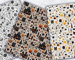 Halloween Doodles Digital Pattern Paper | Printable Geometric Backgrounds | Seamless Repeat | White Background | Spooky Halloween Clipart