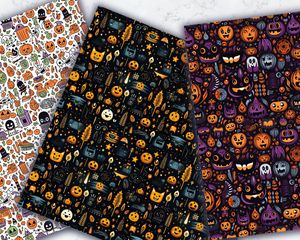 Halloween Doodles Digital Pattern Paper | Printable Geometric Backgrounds | Seamless Repeat | White Background | Spooky Halloween Clipart