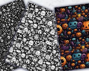 Halloween Doodles Digital Pattern Paper | Printable Geometric Backgrounds | Seamless Repeat | White Background | Spooky Halloween Clipart