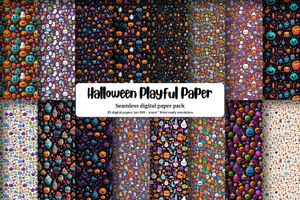 Colorful Halloween Pattern Digital Paper, Seamless Texture with Cute Halloween Items, Children's Book Style, Joyful and Playful Designs