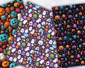 Colorful Halloween Pattern Digital Paper, Seamless Texture with Cute Halloween Items, Children's Book Style, Joyful and Playful Designs