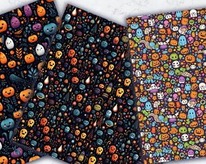 Colorful Halloween Pattern Digital Paper, Seamless Texture with Cute Halloween Items, Children's Book Style, Joyful and Playful Designs