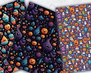 Colorful Halloween Pattern Digital Paper, Seamless Texture with Cute Halloween Items, Children's Book Style, Joyful and Playful Designs