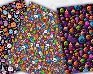 Colorful Halloween Pattern Digital Paper, Seamless Texture with Cute Halloween Items, Children's Book Style, Joyful and Playful Designs