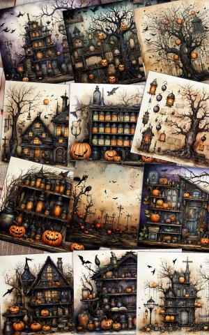 12 Papers | Halloween Junk Journal Background with Intricate Details and Big Elements | Colorful Scrapbooking Pages | Printable Paper Kit