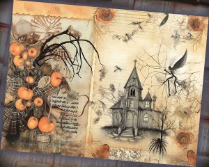 14 papers | Halloween Themed Junk Journal Background | Colorful Fairy Tale Watercolor Illustration | Shabby Chic Ephemera | Scrapbooking Kit