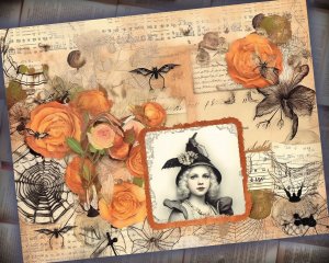 14 papers | Halloween Themed Junk Journal Background | Colorful Fairy Tale Watercolor Illustration | Shabby Chic Ephemera | Scrapbooking Kit