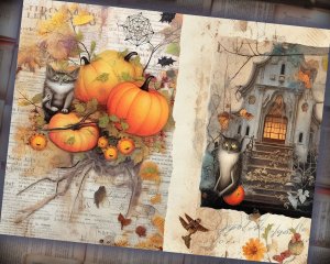 14 papers | Halloween Themed Junk Journal Background | Colorful Fairy Tale Watercolor Illustration | Shabby Chic Ephemera | Scrapbooking Kit