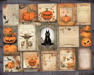 14 papers | Halloween Themed Junk Journal Background | Colorful Fairy Tale Watercolor Illustration | Shabby Chic Ephemera | Scrapbooking Kit