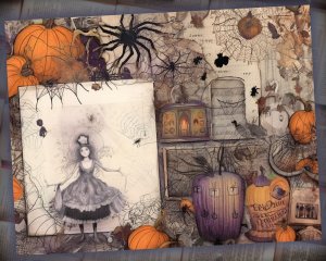 14 papers | Halloween Themed Junk Journal Background | Colorful Fairy Tale Watercolor Illustration | Shabby Chic Ephemera | Scrapbooking Kit