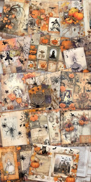 14 papers | Halloween Themed Junk Journal Background | Colorful Fairy Tale Watercolor Illustration | Shabby Chic Ephemera | Scrapbooking Kit