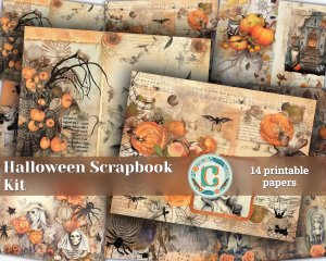 14 papers | Halloween Themed Junk Journal Background | Colorful Fairy Tale Watercolor Illustration | Shabby Chic Ephemera | Scrapbooking Kit