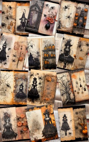 12 papers | Halloween Junk Journal Kit | Printable Scrapbooking Pages | Shabby Chic Ephemera | Fairy Tale Watercolor Illustrations