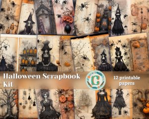 12 papers | Halloween Junk Journal Kit | Printable Scrapbooking Pages | Shabby Chic Ephemera | Fairy Tale Watercolor Illustrations