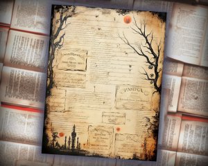 12 Papers | Halloween Themed Scrapbooking Kit with Intricate Watercolor Illustrations, Shabby Chic Ephemera, and Fairy Tale Elements