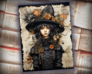 12 Papers | Halloween Themed Scrapbooking Kit with Intricate Watercolor Illustrations, Shabby Chic Ephemera, and Fairy Tale Elements