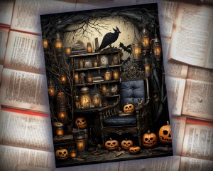 12 Papers | Halloween Themed Scrapbooking Kit with Intricate Watercolor Illustrations, Shabby Chic Ephemera, and Fairy Tale Elements