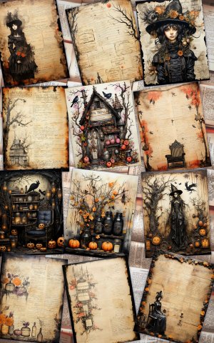 12 Papers | Halloween Themed Scrapbooking Kit with Intricate Watercolor Illustrations, Shabby Chic Ephemera, and Fairy Tale Elements