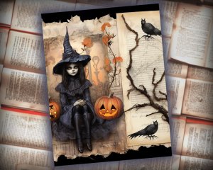 12 papers | Halloween Themed Junk Journal Kit | Scrapbooking, Printable Pages, Shabby Chic, Fairy Tale Watercolor Illustrations