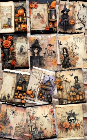 12 papers | Halloween Themed Junk Journal Kit | Scrapbooking, Printable Pages, Shabby Chic, Fairy Tale Watercolor Illustrations